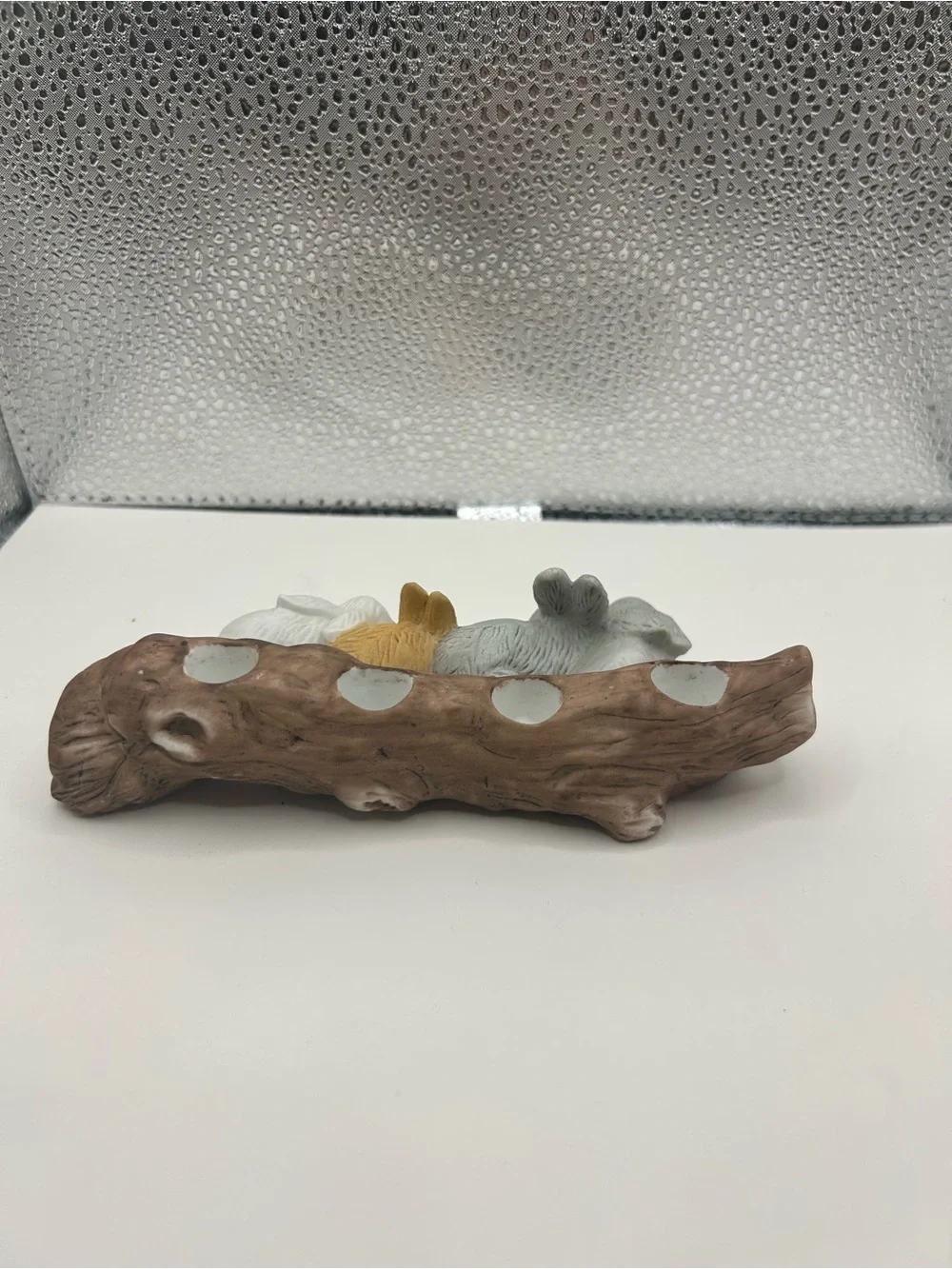 Vintage 1986 WNS Taiwan porcelain candle holder hand-painted bunnies Rustic Log